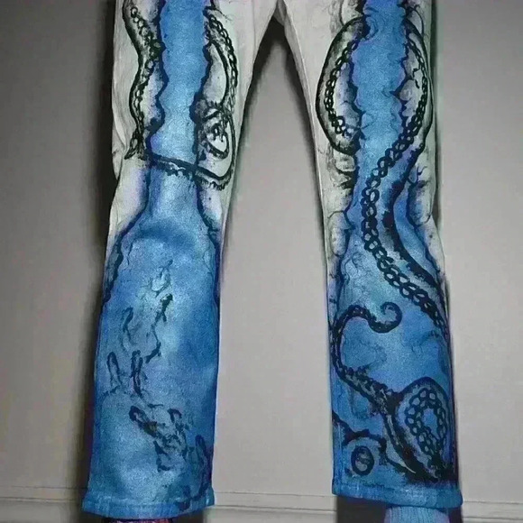 Unique colorful hand-painted artsy jeans size 32 with octopus design - Picture 6 of 14